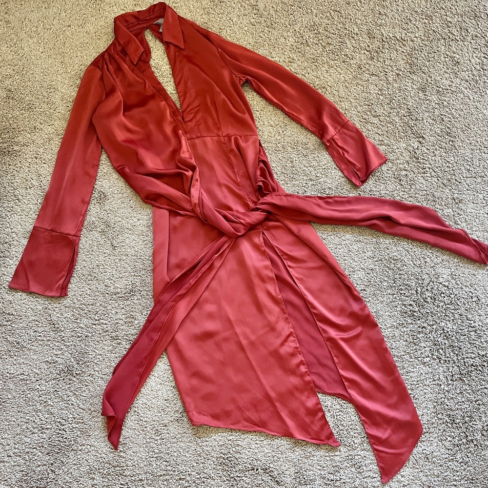 ASOS Coral Collared Deep V Upper Back Slit, Side Slit, Front Tie Dress